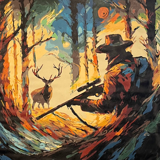 Colorful digital art print of deer hunter sighted by prey, 16x16