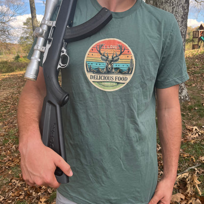 T-shirt: hunting game for food, Genesis 27:4 colorful hunting graphic tee