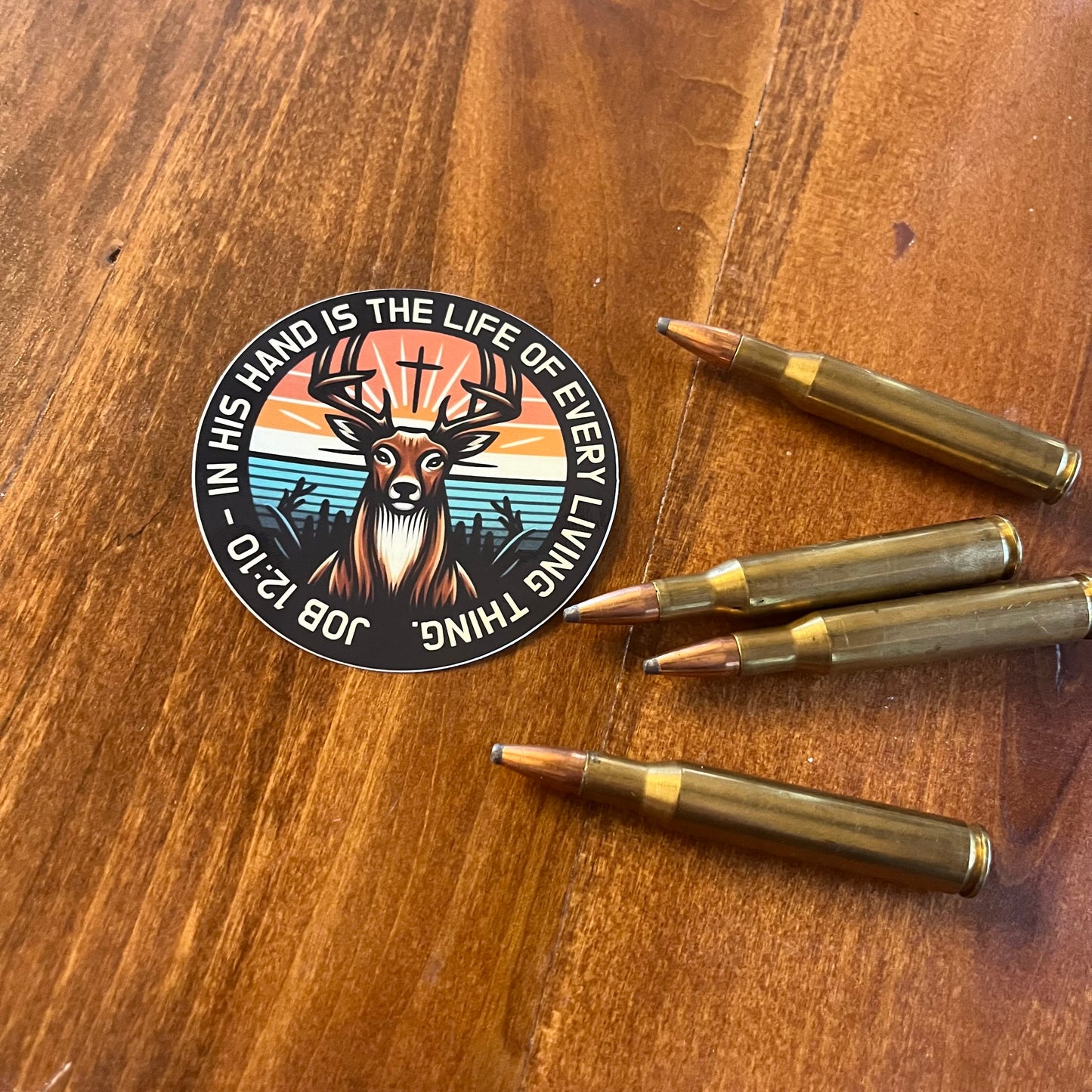 Sticker: Deer Hunting die-cut vinyl sticker with buck, cross imagery