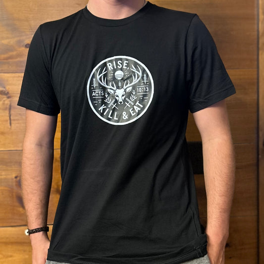 Hunting t-shirt for Christian hunters, features Acts 10:13 motto and deer head