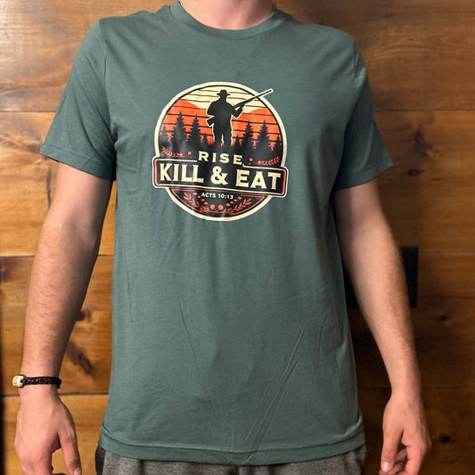 T-shirt: Christian hunting motto "Rise, Kill & Eat" from Acts 10:13