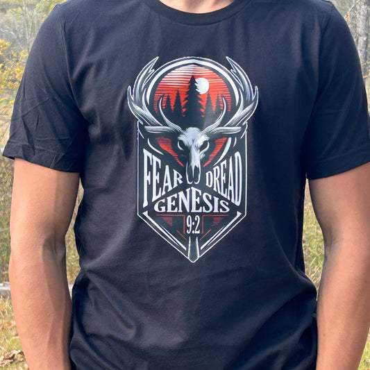 "Fear and Dread" Christian deer hunting t-shirt, Genesis 9:2 graphic tee motto