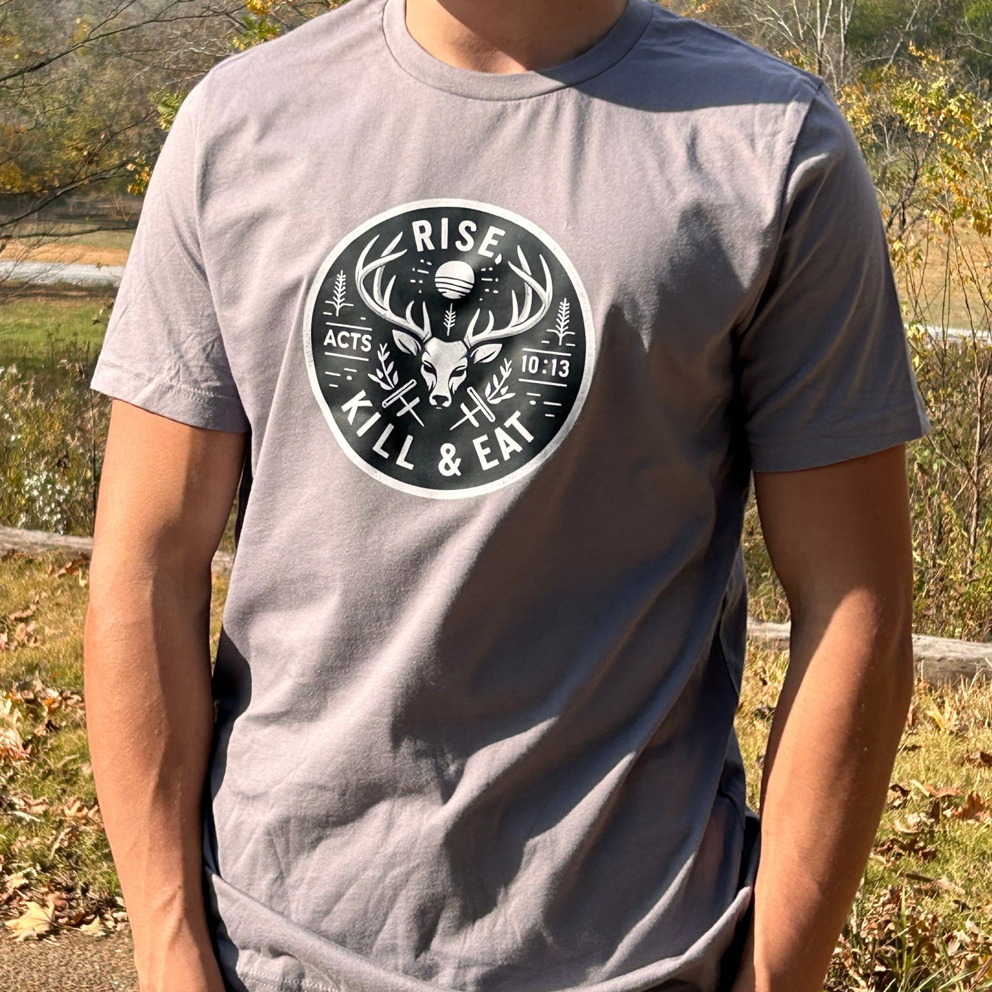 Hunting t-shirt for Christian hunters, features Acts 10:13 motto and deer head