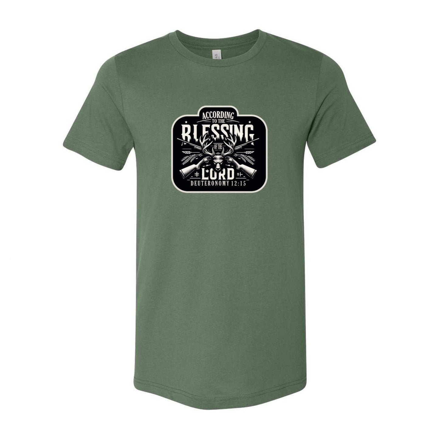 T-shirt: Christian hunting motto from Deut. 12:15, black and white crest with deer head and rifles