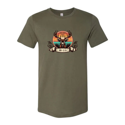 T-shirt: Deer hunting, Christian Tee featuring colorful logo on Job 12:10