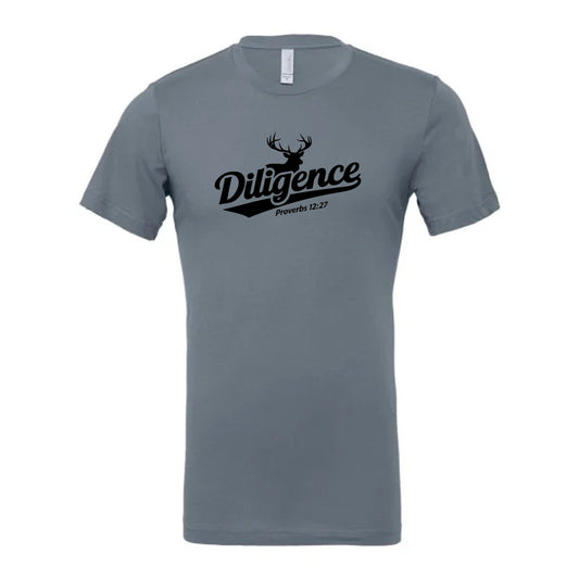 T-Shirt: For Christian deer hunters, graphic tee promoting "Diligence" from Proverbs 12:27