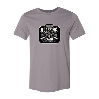 T-shirt: Christian hunting motto from Deut. 12:15, black and white crest with deer head and rifles